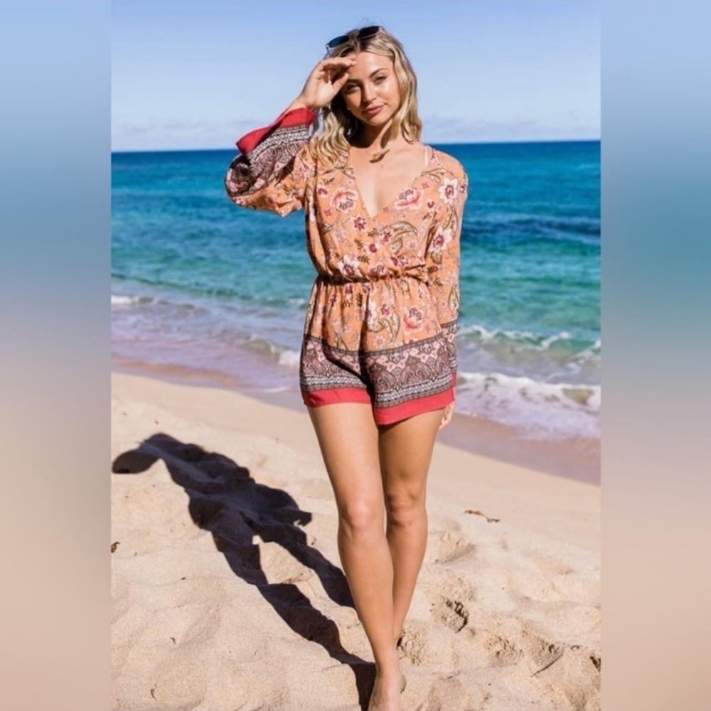 Long Sleeve Surplice PrintBoho Romper Small - Picture 3 of 4